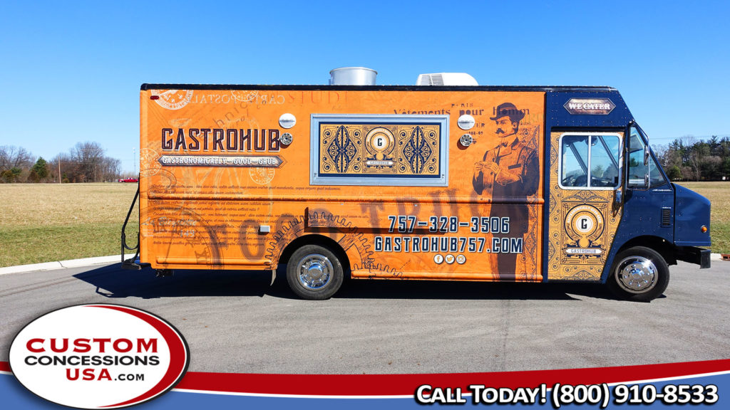 side view of orange food truck with graphic of a man dressed in vintage suit and hat