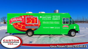 side view of green food truck with graphic of pepperoni pizza
