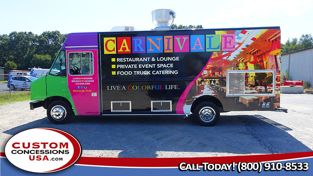 side view of a multi-colored food truck with graphic of a restaurant interior