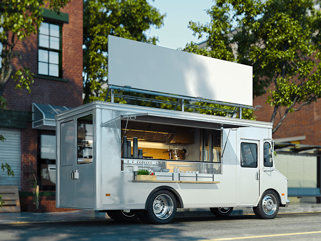realistic 3d rendering of a white food truck parked on a city street with brick buildings and trees in the background