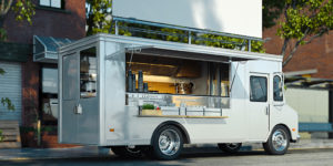 realistic 3d rendering of a white food truck parked on a city street with brick buildings and trees in the background