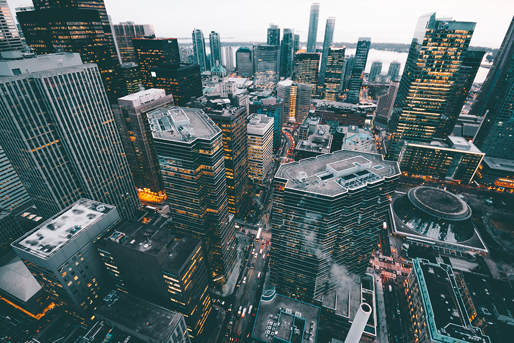 photo of an aerial urban cityscape in evening