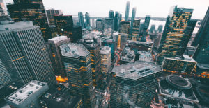 photo of an aerial urban cityscape in evening