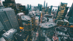 photo of an aerial urban cityscape in evening