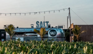 silver food truck parked near a field at sunset