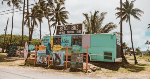 food truck with signs and surfboards parked underneath palm trees