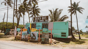 food truck with signs and surfboards parked underneath palm trees