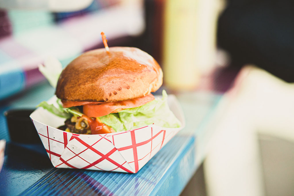 burger in a to-go basket